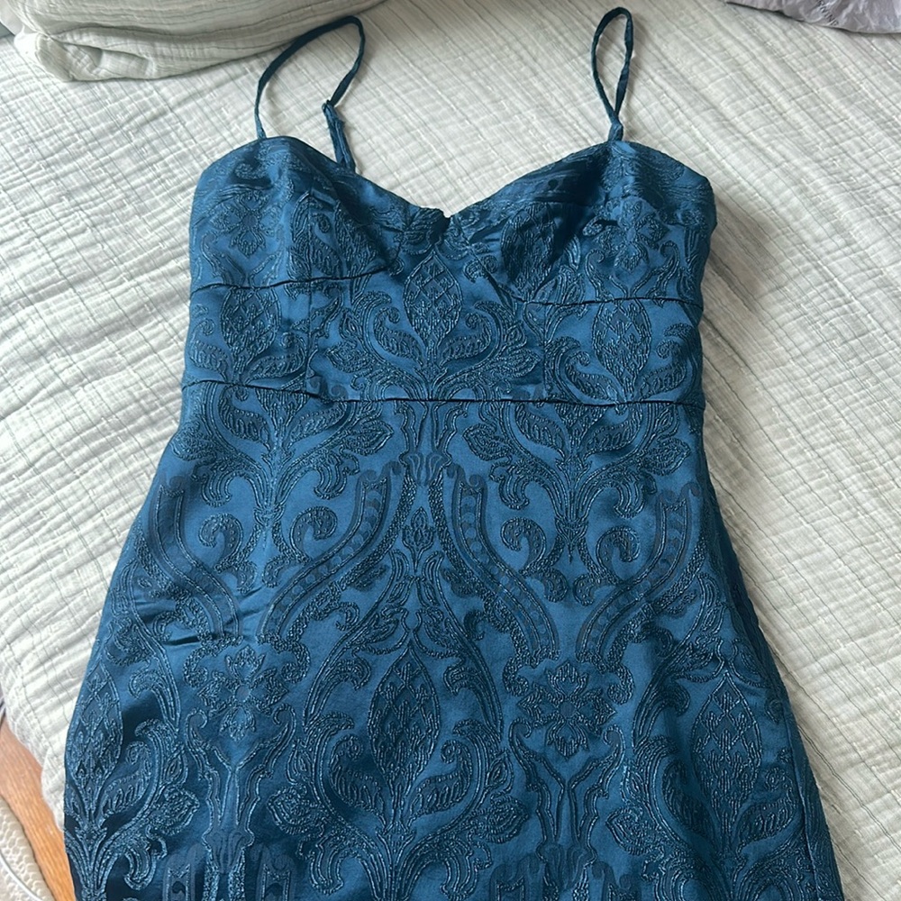 FREE PEOPLE 2 KARLA Dress Teal Blue Jewel Brocade Satin